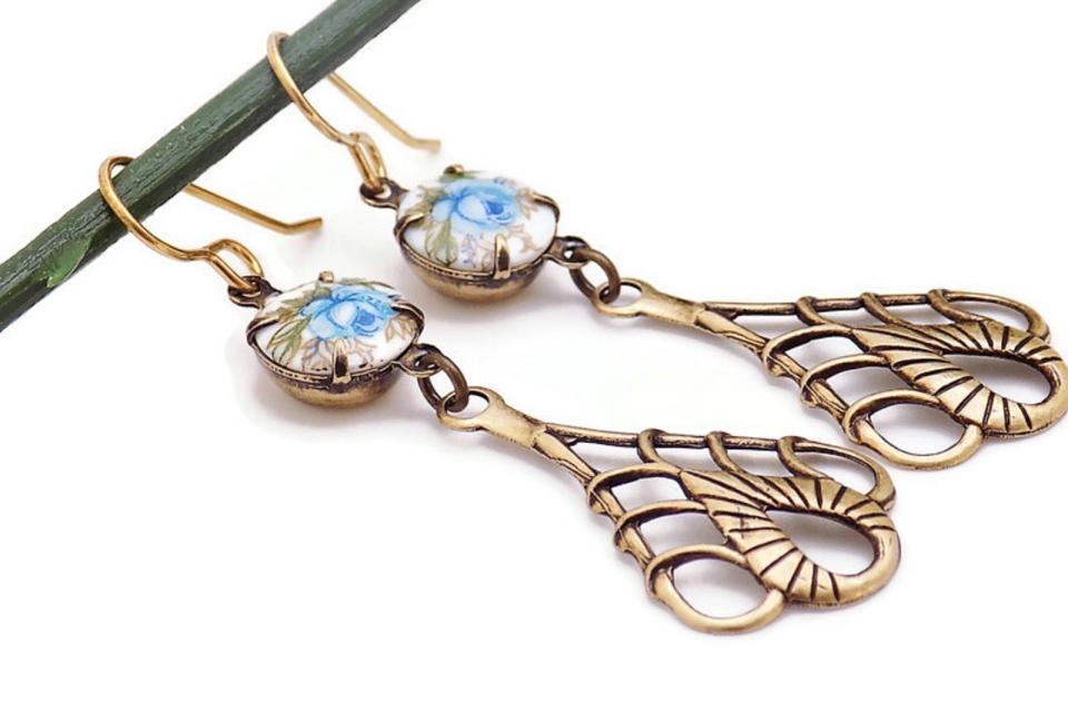 Brass Rose Earrings, Art Nouveau Teardrops Handmade Jewelry