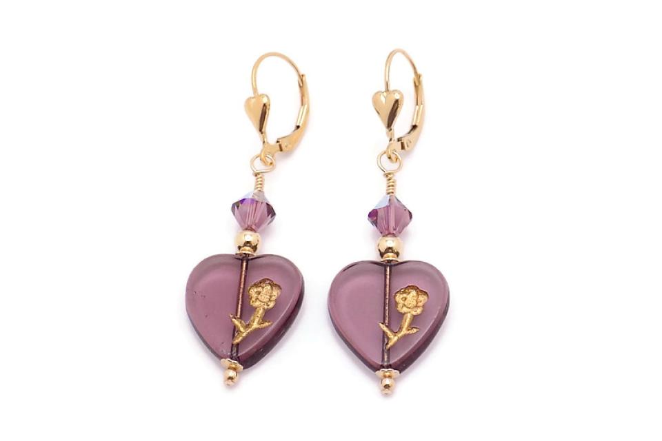 Amethyst Heart Earrings Valentines Handmade Romantic Jewelry 