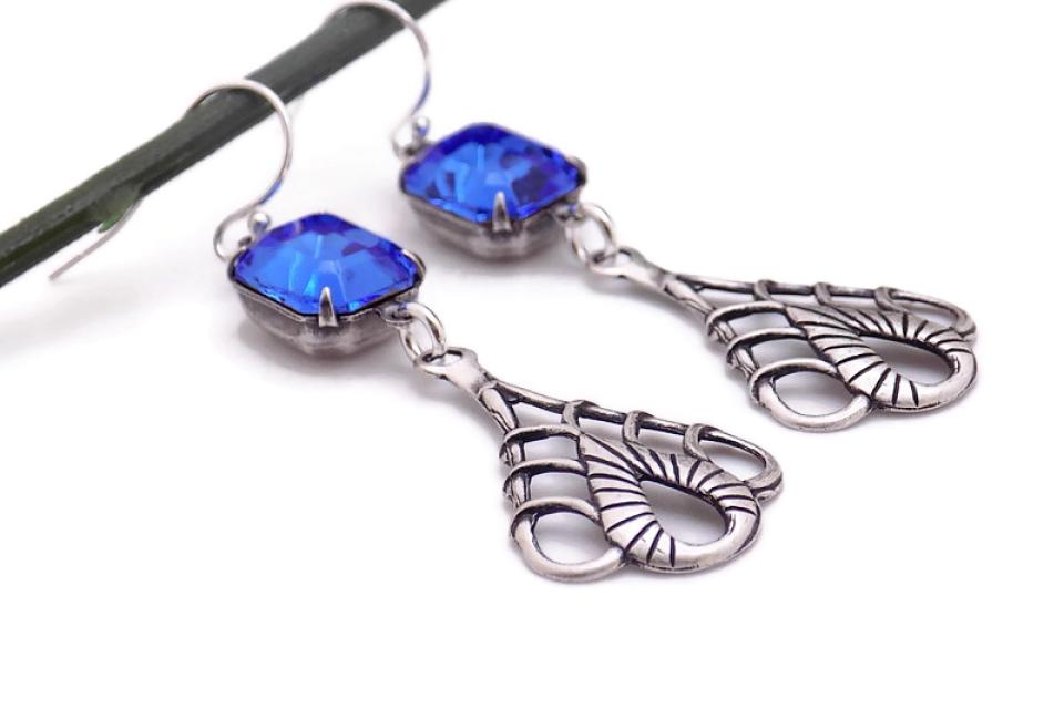 Sapphire Blue Earrings, Vintage Art Nouveau Teardrops Handmade Jewelry