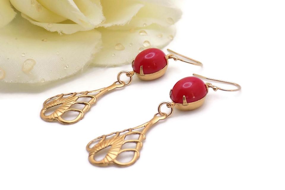 Cherry Red Earrings, Vintage Art Nouveau Teardrops Handmade Feminine Jewelry
