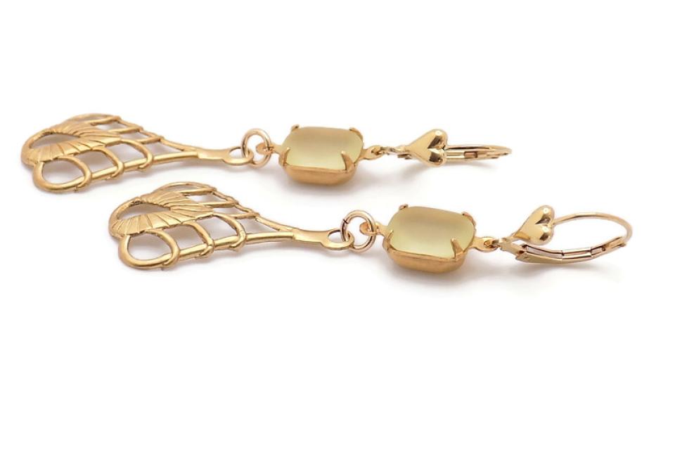 Lemon Yellow Romantic Earrings, Art Nouveau Vintage Crystals Handmade Jewelry