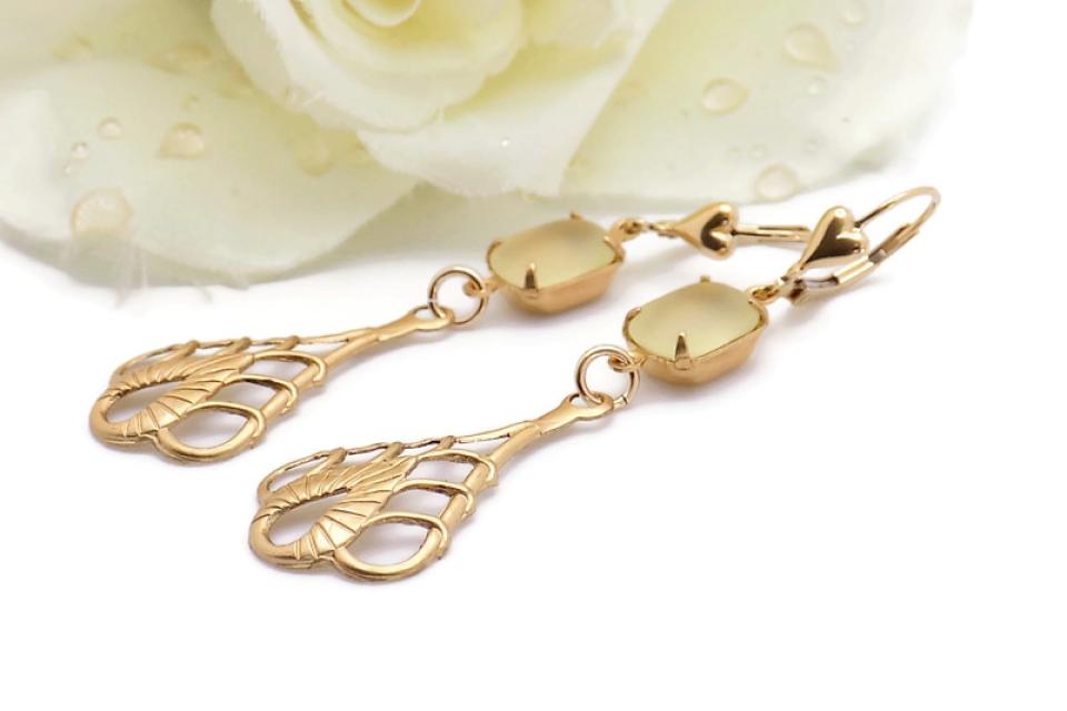 Lemon Yellow Romantic Earrings, Art Nouveau Vintage Crystals Handmade Jewelry