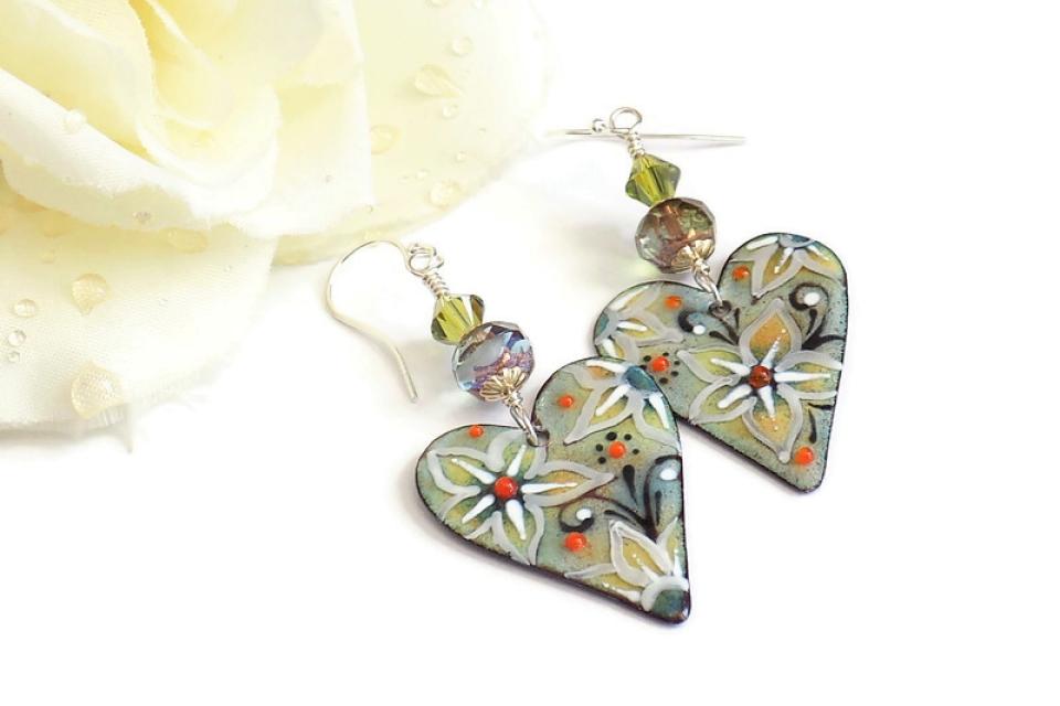 Green Heart Earrings Crystal Flowers Valentines Handmade Jewelry Gift
