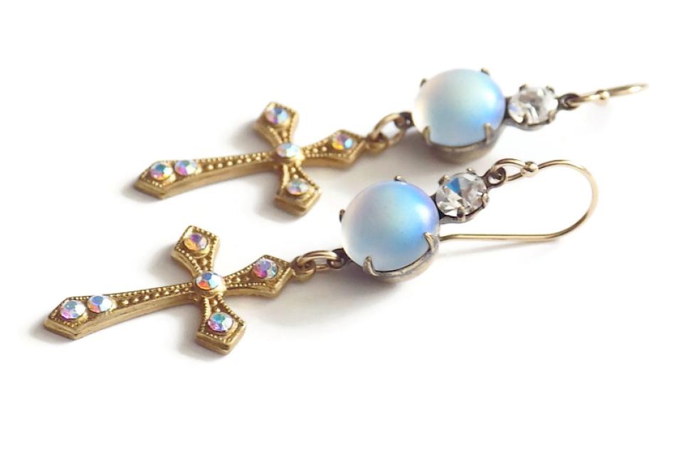 Rhinestone Cross Earrings, Religious Victorian Style Handmade Jewelry