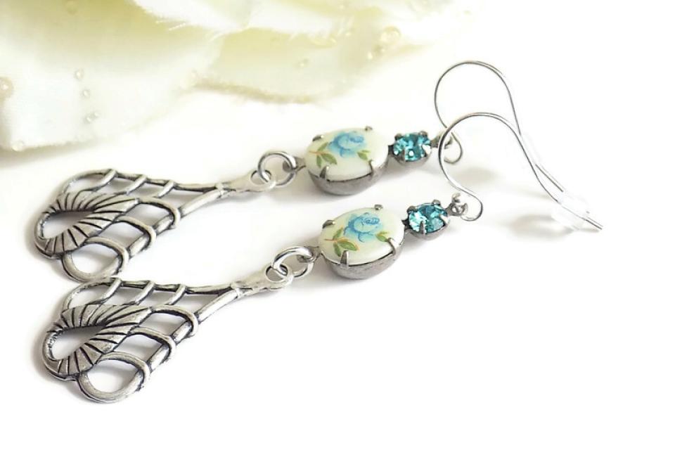 Blue Rose Earrings, Art Nouveau Teardrops Handmade Jewelry