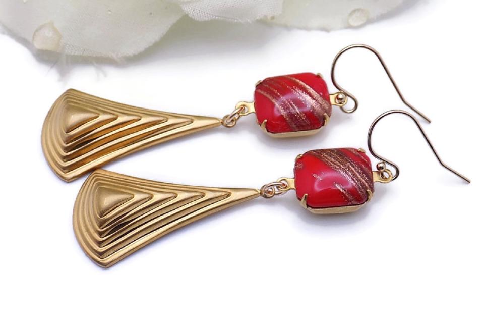  Coppery Gold Red Vintage Rhinestone Pyramid Earrings, Art Deco Handmade Jewelry