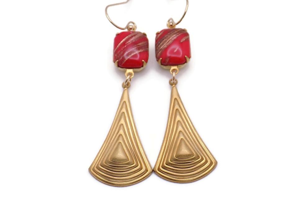  Coppery Gold Red Vintage Rhinestone Pyramid Earrings, Art Deco Handmade Jewelry