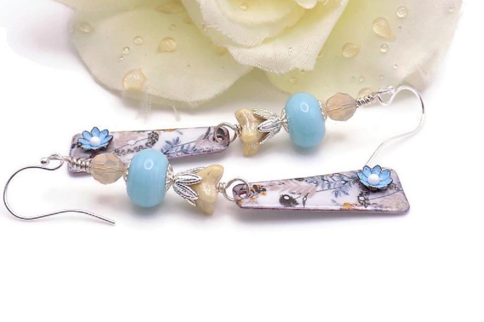 Flower Earrings, Blue Floral Enamel Handmade Summer Jewelry