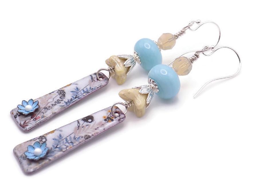 Flower Earrings, Blue Floral Enamel Handmade Summer Jewelry