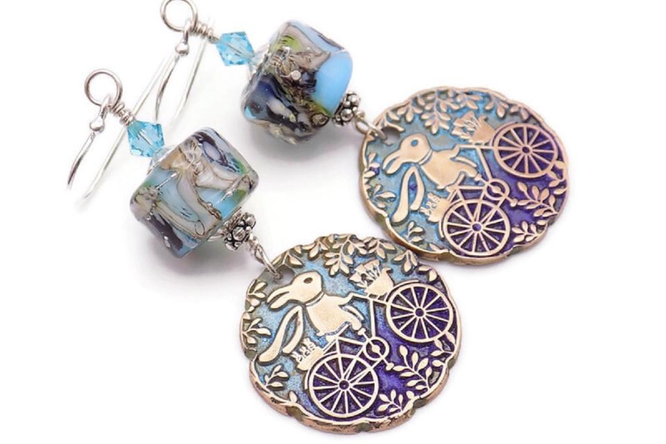 Handmade Crystal Lampwork Bunny Earrings, Perfect Gift for a Bicycle Lover