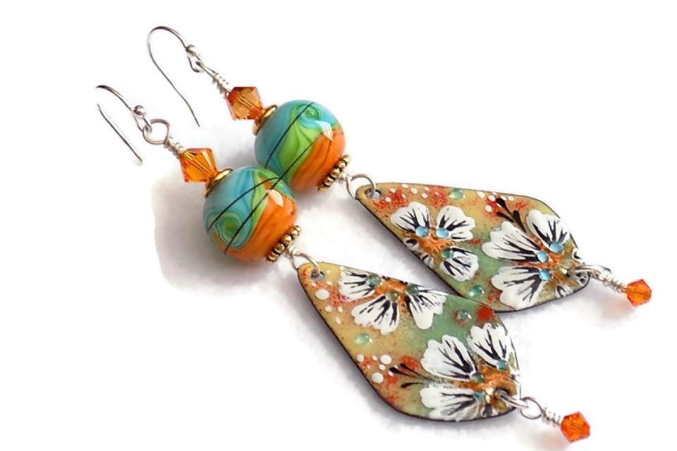 Artisan Floral Earrings, Orange Turquoise Lampwork Beads, Handmade Summer Jewelry