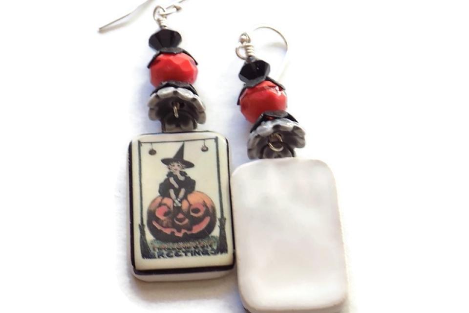 Halloween Witch Earrings, Jack O Lantern Czech Swarovski Handmade Jewelry