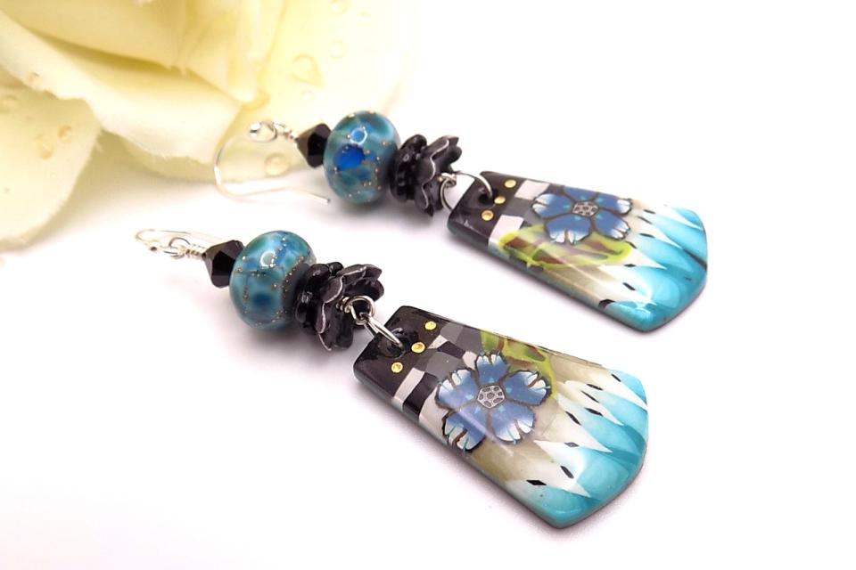 Blue Floral Earrings, Delightful Polymer Clay Handmade Lampwork Jewelry  