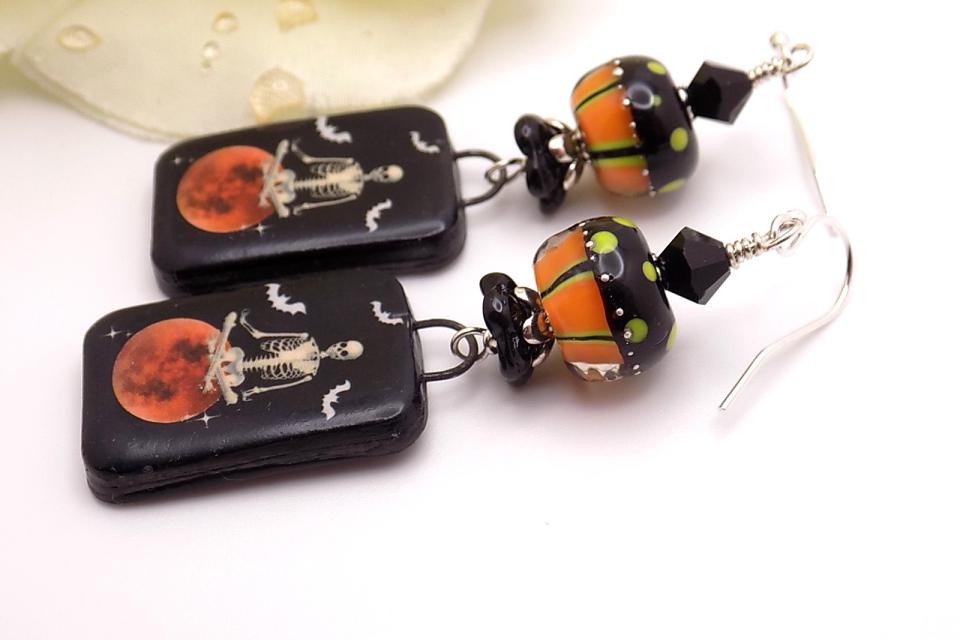Spooky Skeleton Earrings, Halloween Bats Harvest Moon Lampwork Glass Handmade Jewelry 