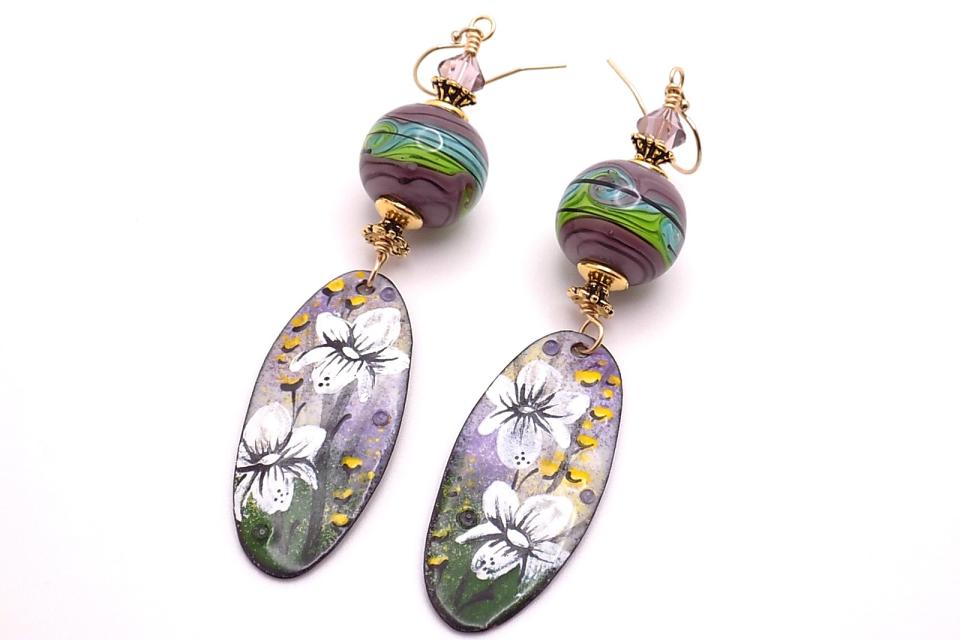 Flower Earrings, Enamel Lampwork Glass Gold-Filled Handmade Jewelry