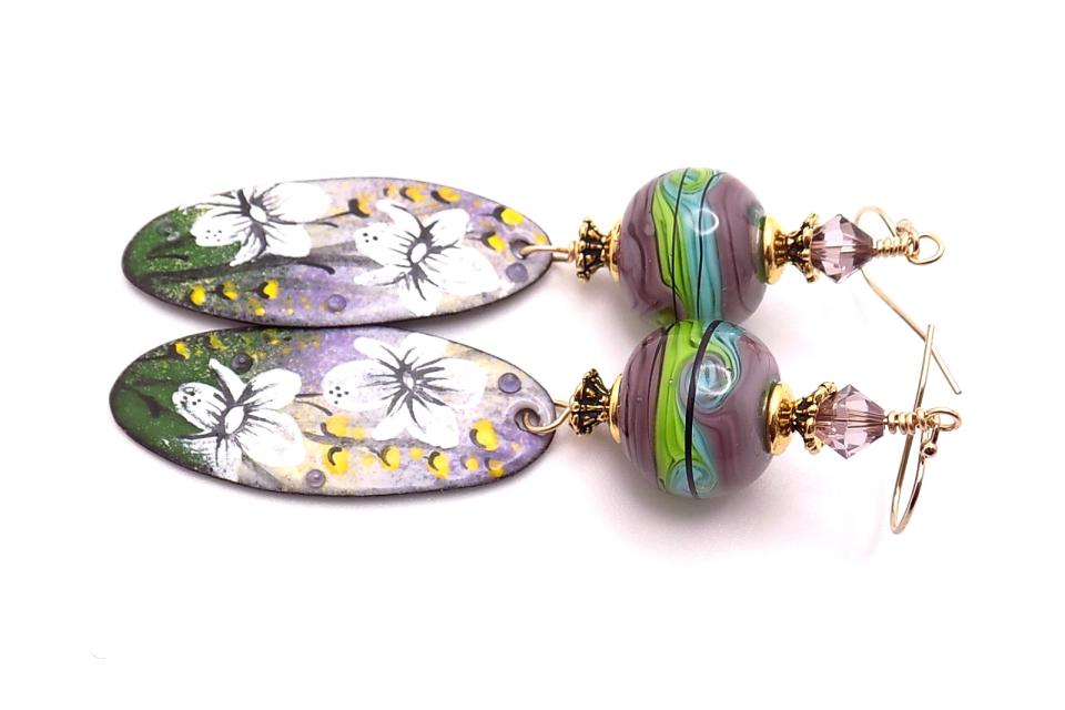 Flower Earrings, Enamel Lampwork Glass Gold-Filled Handmade Jewelry