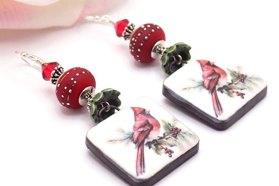Red Cardinal Earrings, Christmas Bird Winter Lampwork Glass Handmade Jewelry 