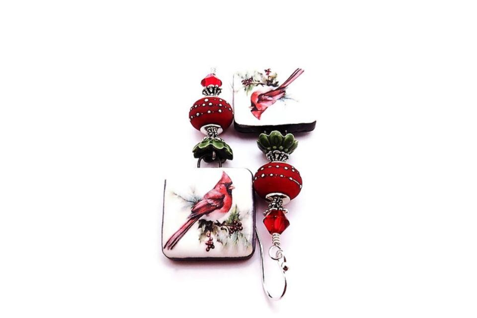 Red Cardinal Earrings, Christmas Bird Winter Lampwork Glass Handmade Jewelry 
