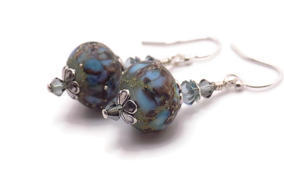Ocean Blue Lampwork Earrings, Swarovski Crystals Handmade Jewelry Gift 