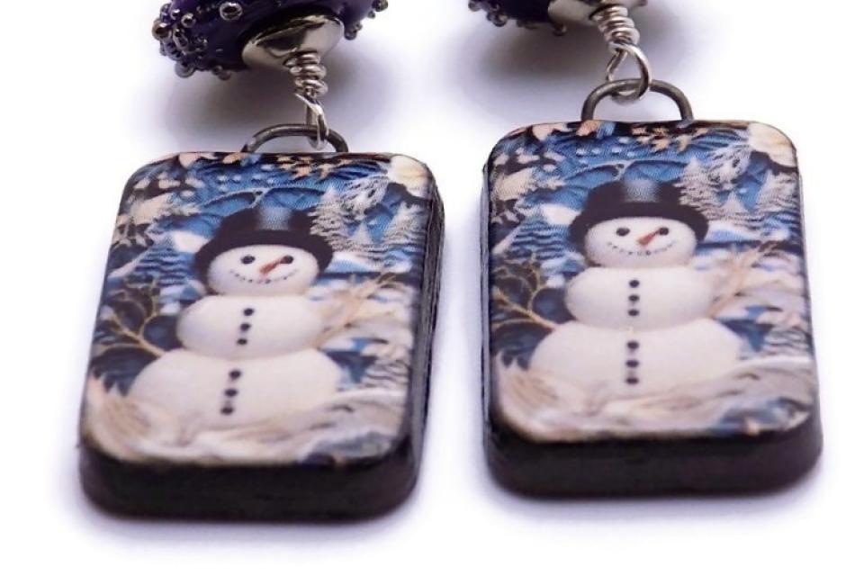 Christmas Snowman Earrings, Lampwork Swarovski Crystal Handmade Jewelry 