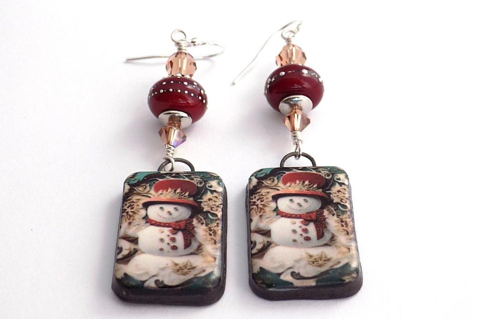 Vintage-Look Snowman Earrings, Lampwork Glass Swarovski Handmade Christmas Jewelry