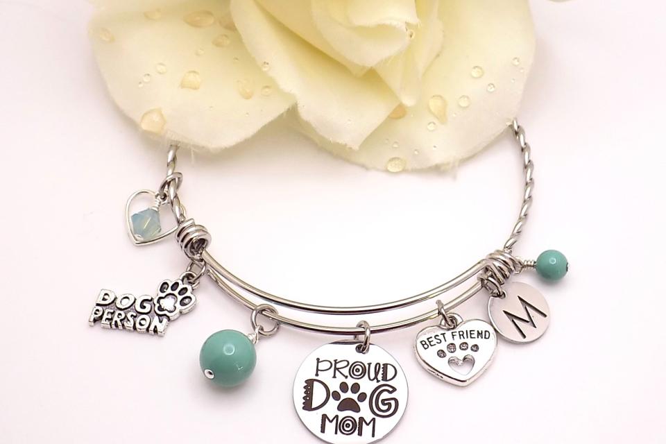 Proud Dog Mom Charm Bracelet, Stainless Steel Dog Lover Bangle Handmade Jewelry