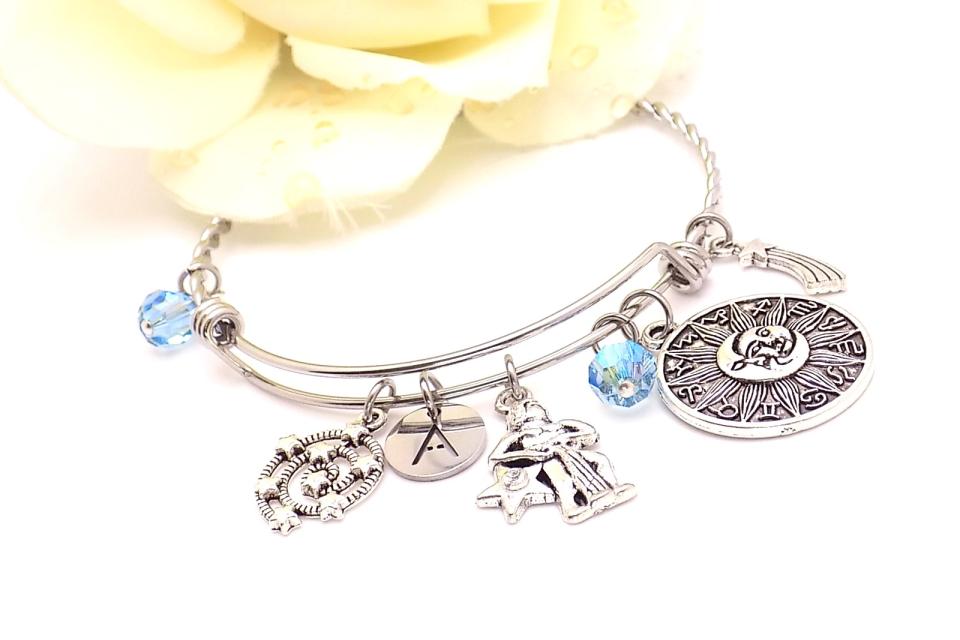Aquarius Zodiac Charm Bracelet, Stainless Steel Expandable Bangle Handmade Jewelry