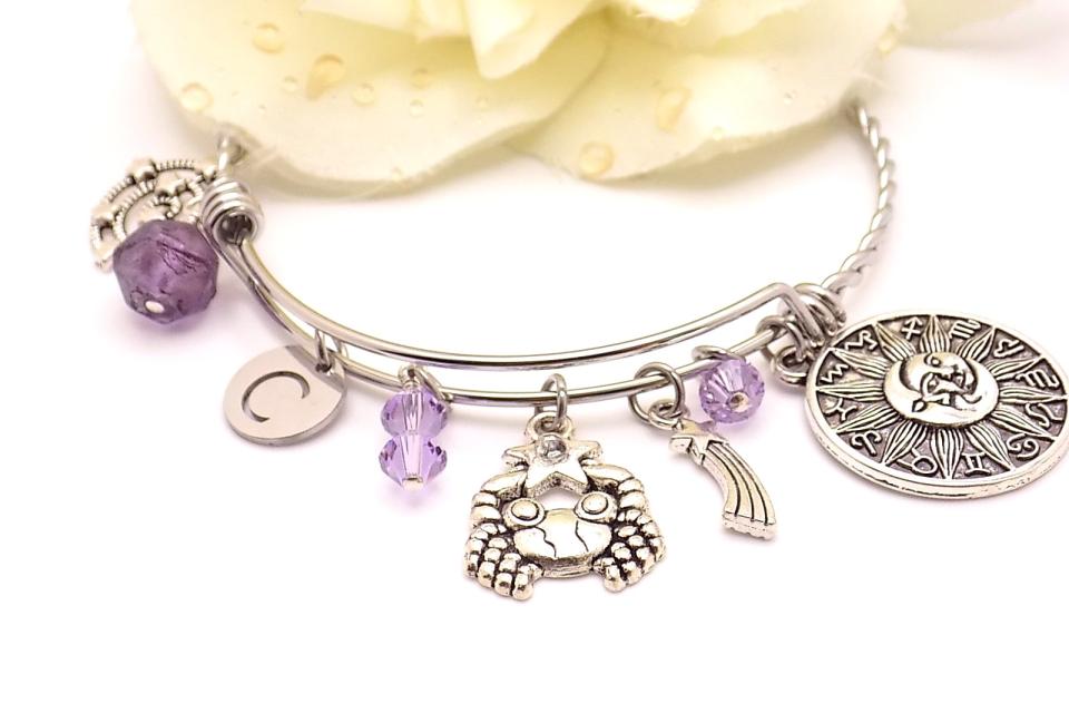 Cancer Zodiac Charm Bracelet, Stainless Steel Astrology  Handmade Jewelry