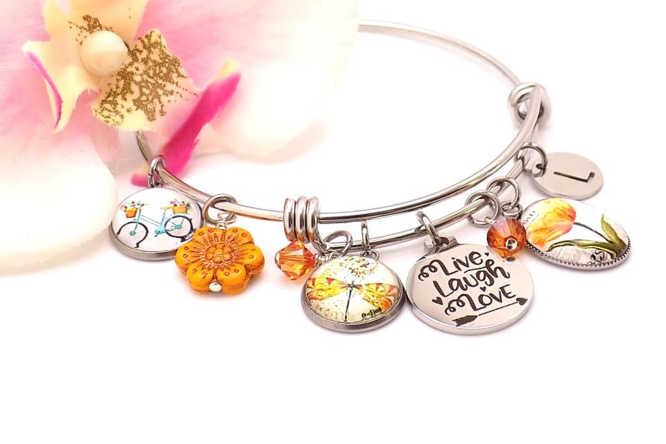 Live Laugh Love Charm Bracelet, Inspirational Stainless Steel Flowers Handmade Jewelry Gift