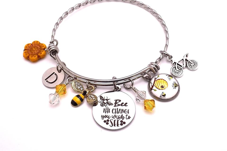 Bee the Change Charm Bracelet, Stainless Steel Honeybee Charm Handmade Jewelry