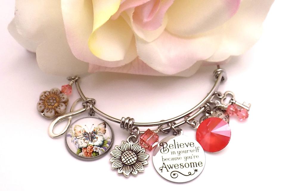 Believe in You Charm Bangle Bracelet, Inspirational Stainless Steel Handmade Jewelry 