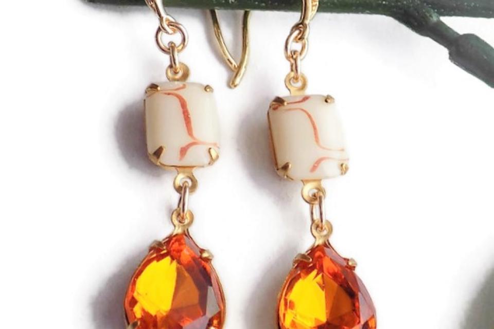 Vintage Swarovski Amber Topaz  Earrings, Autumn Teardrop Jewelry