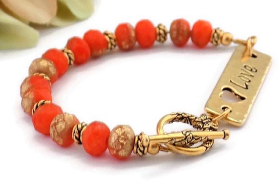 Tangerine Orange Crystal Bracelet with Gold Love Link, Handmade Jewelry