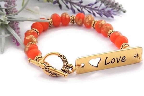 Tangerine Orange Crystal Bracelet with Gold Love Link