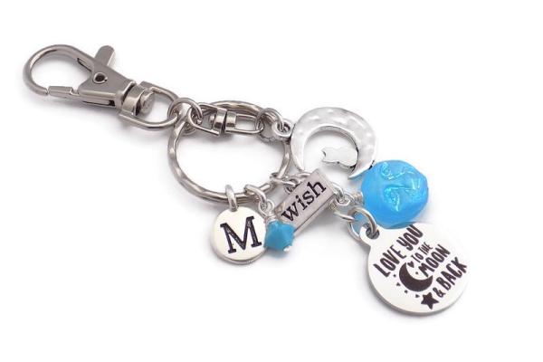 Love You to the Moon and Back Keychain with an Initial Charm, Handmade Bag Accessory