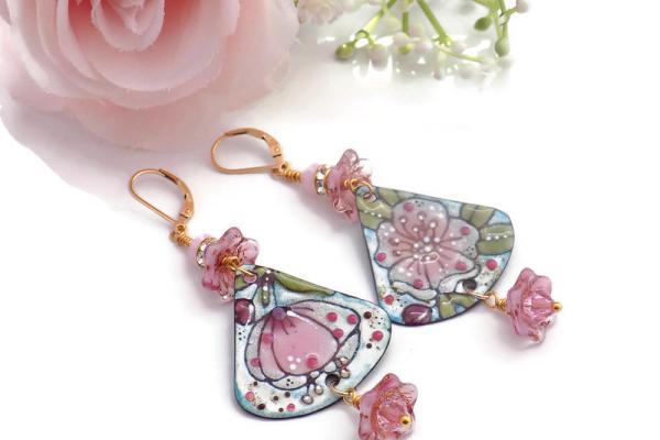 Handmade Pink Floral Enamel Earrings, Boho Jewelry 