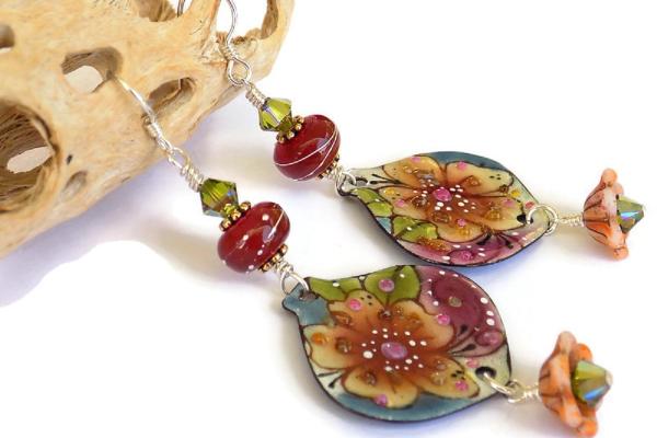 Artisan Floral Enamel Earrings, Raspberry Lampwork Jewelry 
