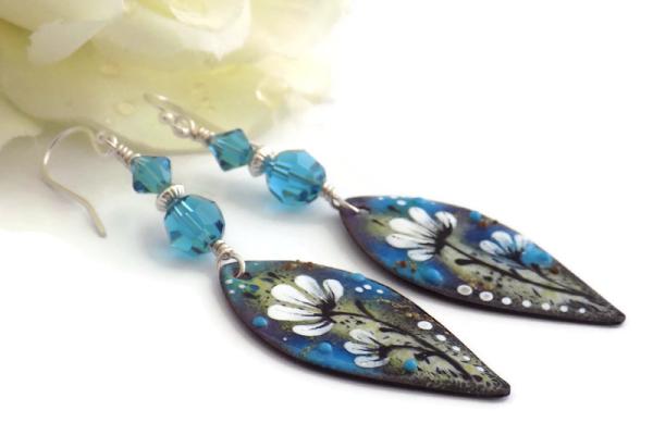 Artisan White Floral Blue Enamel Earrings with Swarovski Indicolite Crystals Handmade Jewelry 