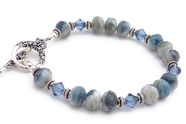 Blue White Silver Bracelet with  Czech and Swarovski Beads