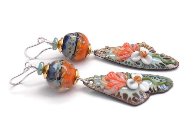 Orange Green Flower Enamel Earrings, Handmade Lampwork Jewelry