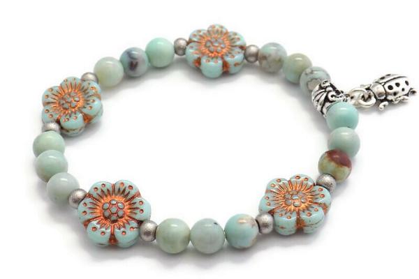 Lady Bug Charm Bracelet with Aqua Terra Agate and Czech Flower Beads