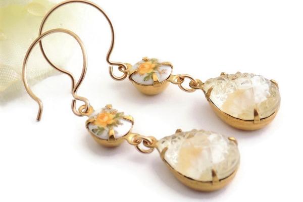 Vintage Yellow Rose and Textured Stone Teardrop Earrings,  Gift for Her