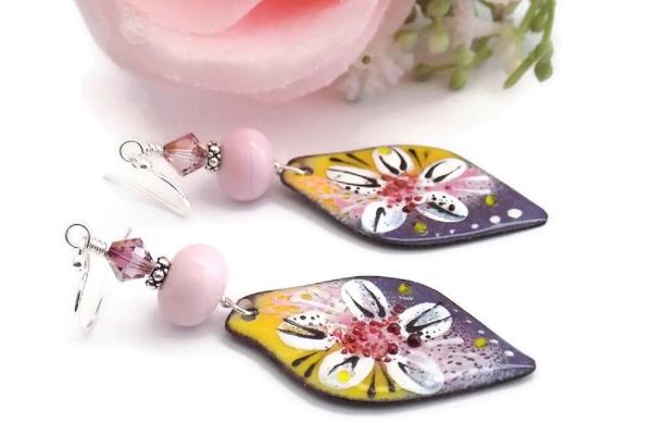 White Flower Enamel Earrings, Pink Purple Yellow Bohemian Jewelry