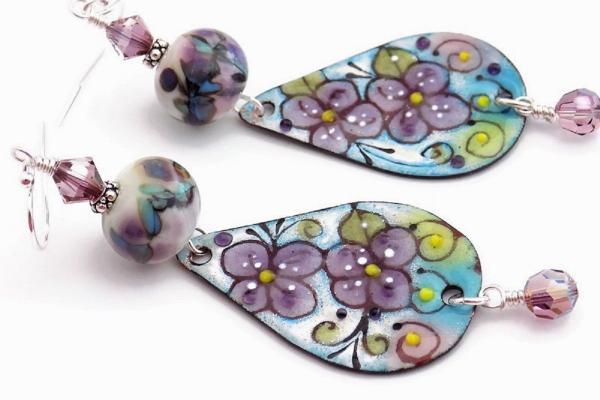Violet Purple and Blue Flower Enamel Earrings, Handmade Artisan Jewelry