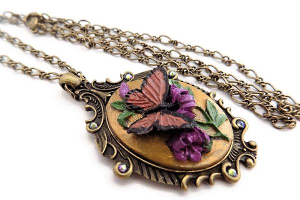 Stunning Coral Butterfly Necklace, Hand Painted Cameo Jewelry