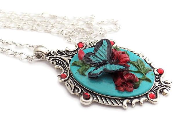 Hand Painted Turquoise Butterfly Cameo Necklace,  Handmade Jewelry