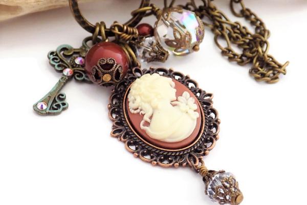 Bronze Cameo Lady Pendant and Key Necklace, Handmade Victorian Style Jewelry