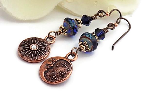 Moon and Star Copper Celestial Earrings, Handmade Jewelry Gift 