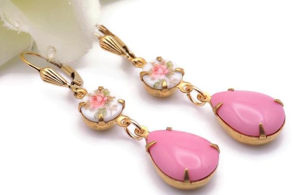  Vintage Pink Rose and Pink Stone Teardrop Earrings, Art Deco Jewelry