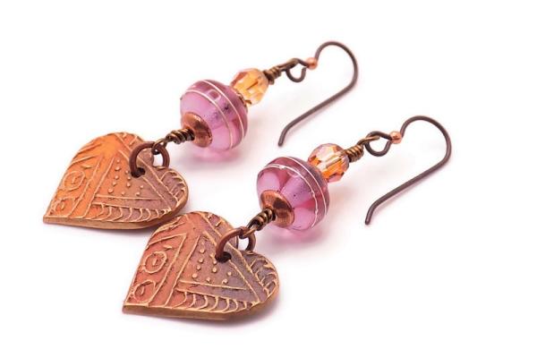 Pink Copper Bronze Heart Earrings, Handmade Valentine Jewelry